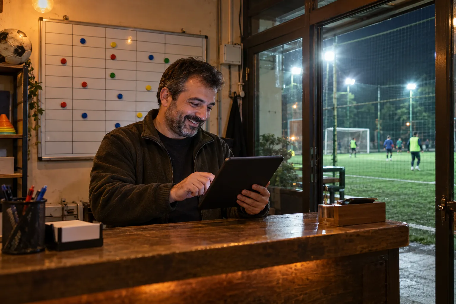 Tesis resepsiyonunda tablette rezervasyon onaylayan işletmeci