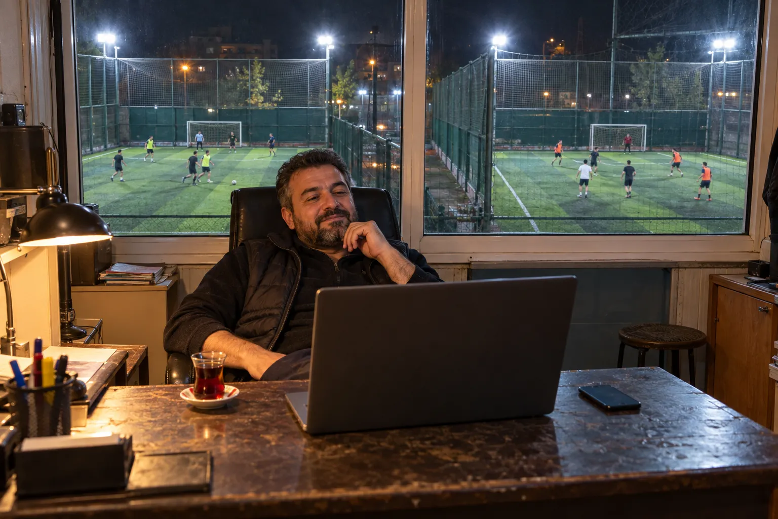 Gece ofisinde laptop başında sahaları izleyen işletmeci